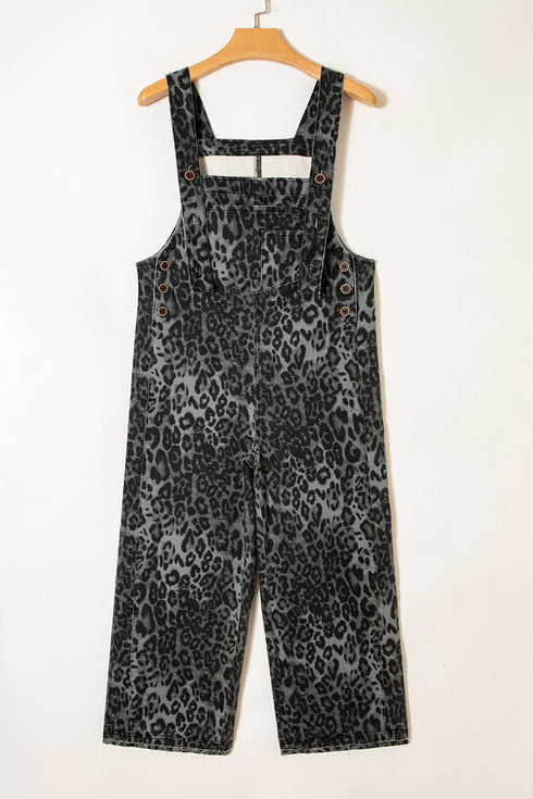 Leopard Print Cropped Wide Leg Denim Overalls Jumpsuit