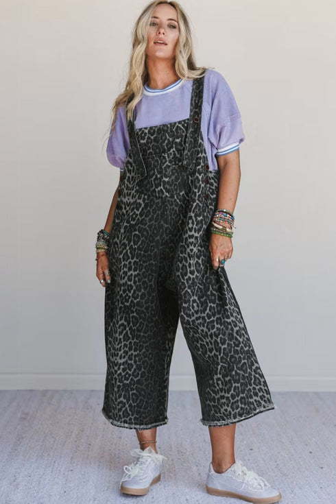 Leopard Print Cropped Wide Leg Denim Overalls Jumpsuit