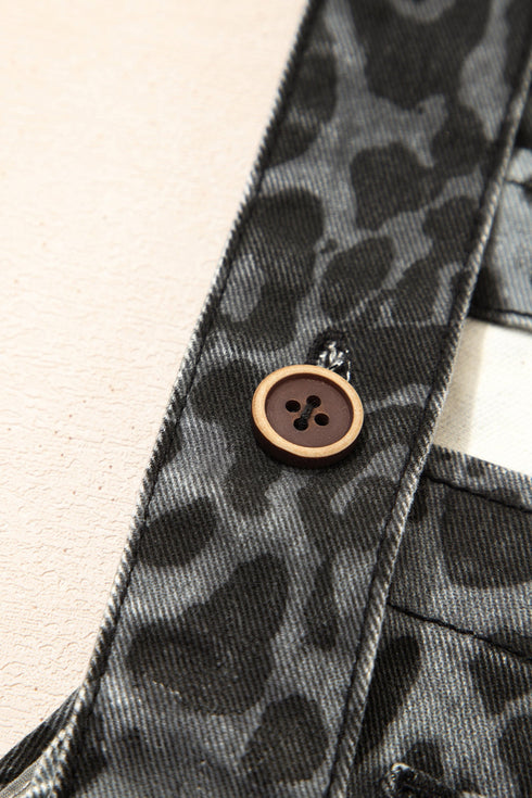 Leopard Print Cropped Wide Leg Denim Overalls Jumpsuit