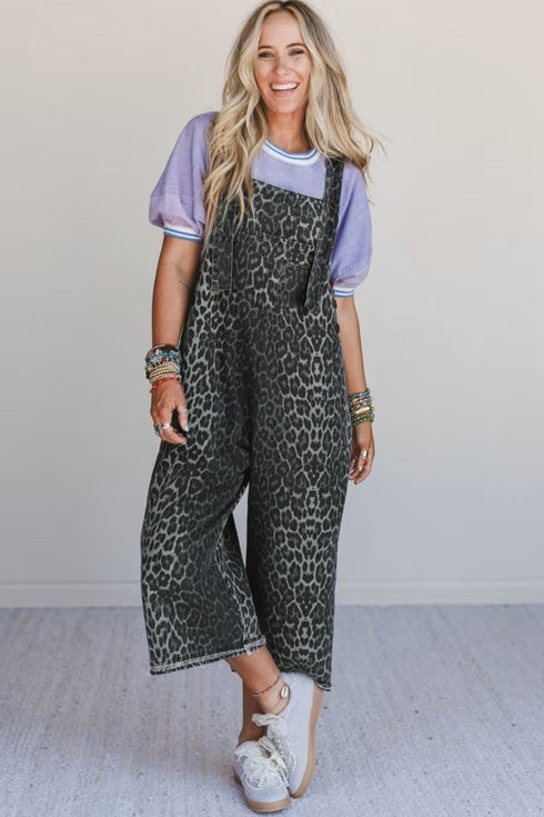 Leopard Print Cropped Wide Leg Denim Overalls Jumpsuit