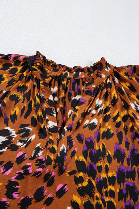 Leopard Print Draped Short Sleeve Slit Neck Blouse