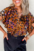 Leopard Print Draped Short Sleeve Slit Neck Blouse