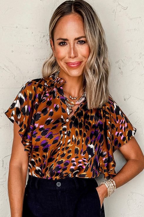 Leopard Print Draped Short Sleeve Slit Neck Blouse