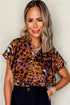 Leopard Print Draped Short Sleeve Slit Neck Blouse