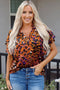 Leopard Print Draped Short Sleeve Slit Neck Blouse