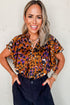 Leopard Print Draped Short Sleeve Slit Neck Blouse