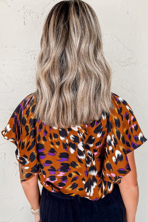 Leopard Print Draped Short Sleeve Slit Neck Blouse