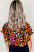 Leopard Print Draped Short Sleeve Slit Neck Blouse