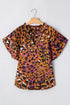 Leopard Print Draped Short Sleeve Slit Neck Blouse