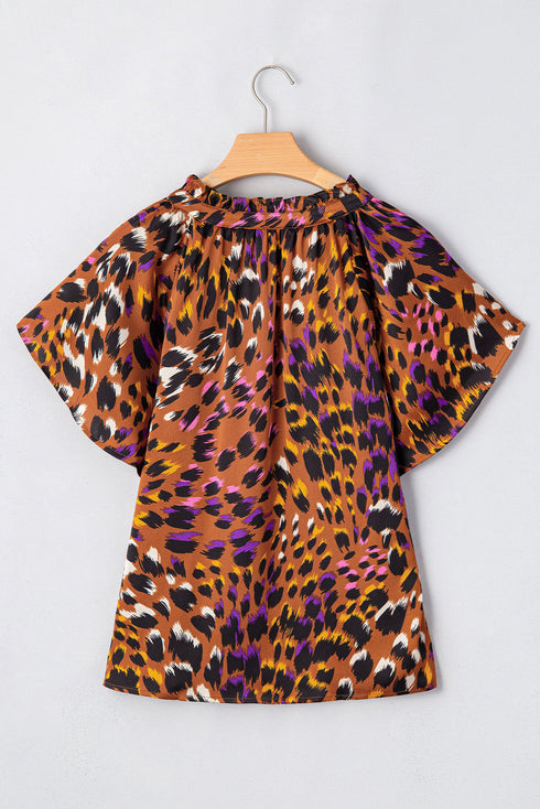 Leopard Print Draped Short Sleeve Slit Neck Blouse