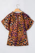 Leopard Print Draped Short Sleeve Slit Neck Blouse