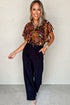 Leopard Print Draped Short Sleeve Slit Neck Blouse