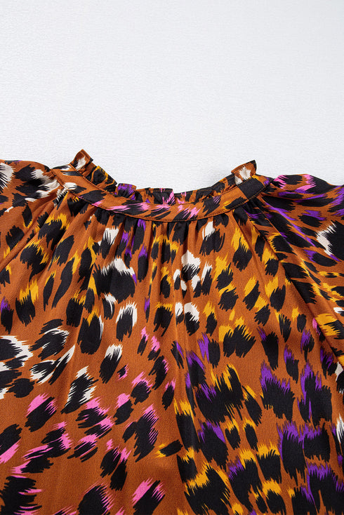 Leopard Print Draped Short Sleeve Slit Neck Blouse