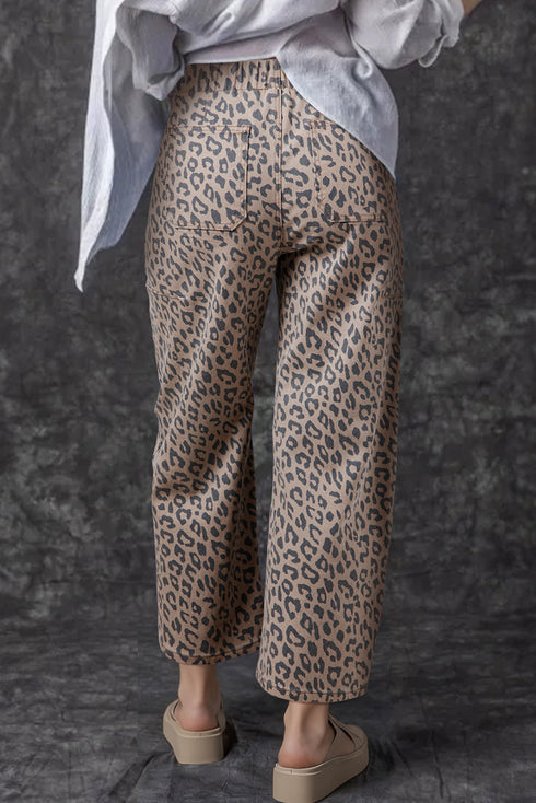 Leopard Print Drawstring Elastic Waist Wide Leg Jeans