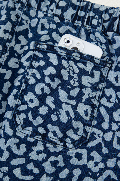 Leopard Print Drawstring Elastic Waist Wide Leg Jeans