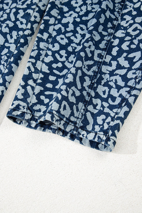 Leopard Print Drawstring Elastic Waist Wide Leg Jeans