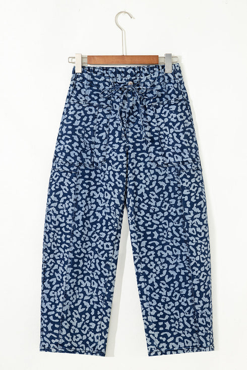 Leopard Print Drawstring Elastic Waist Wide Leg Jeans