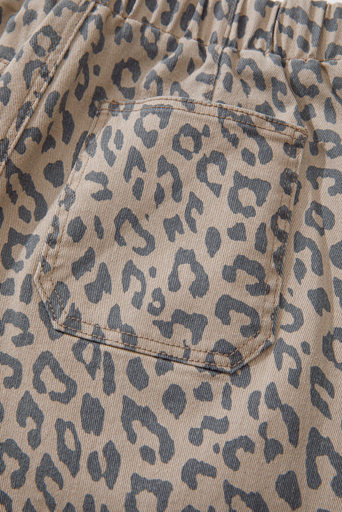 Leopard Print Drawstring Elastic Waist Wide Leg Jeans