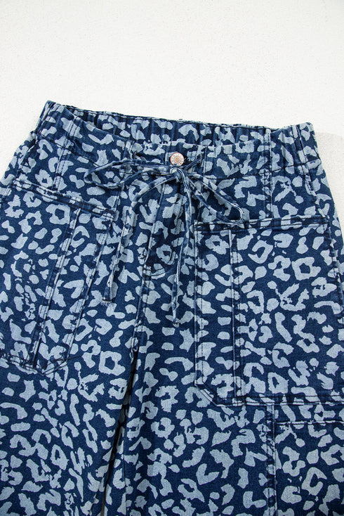 Leopard Print Drawstring Elastic Waist Wide Leg Jeans
