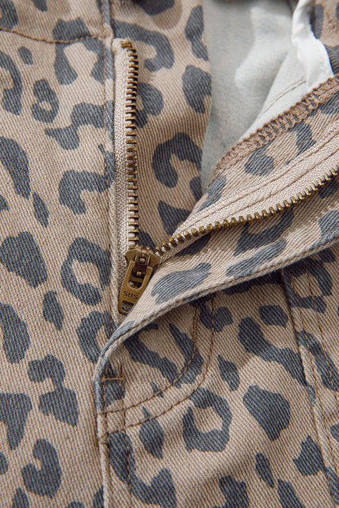 Leopard Print Drawstring Elastic Waist Wide Leg Jeans