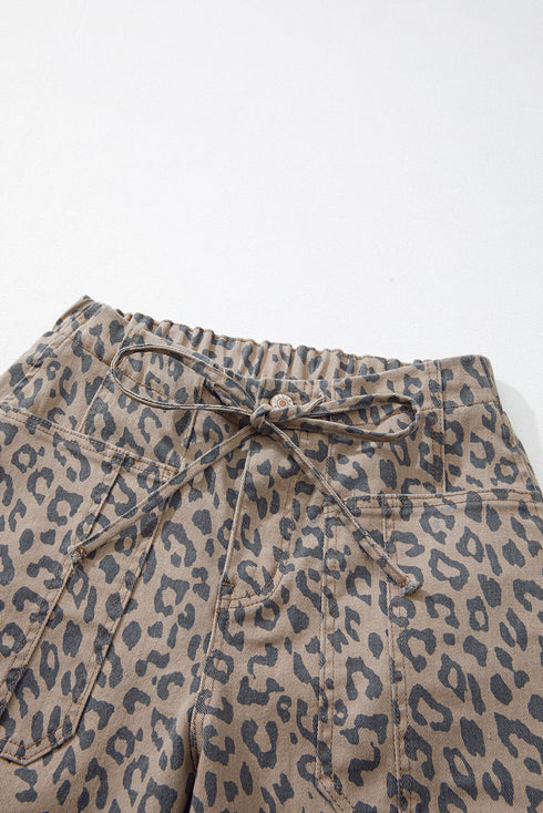 Leopard Print Drawstring Elastic Waist Wide Leg Jeans