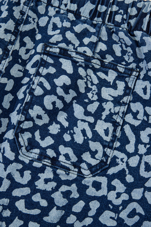 Leopard Print Drawstring Elastic Waist Wide Leg Jeans