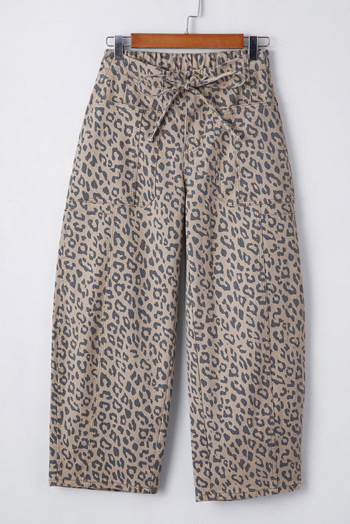Leopard Print Drawstring Elastic Waist Wide Leg Jeans