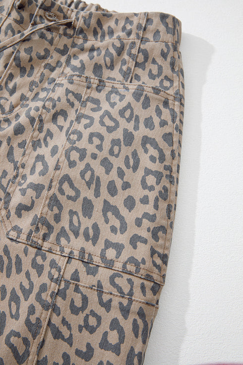 Leopard Print Drawstring Elastic Waist Wide Leg Jeans
