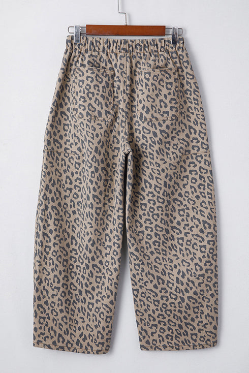 Leopard Print Drawstring Elastic Waist Wide Leg Jeans