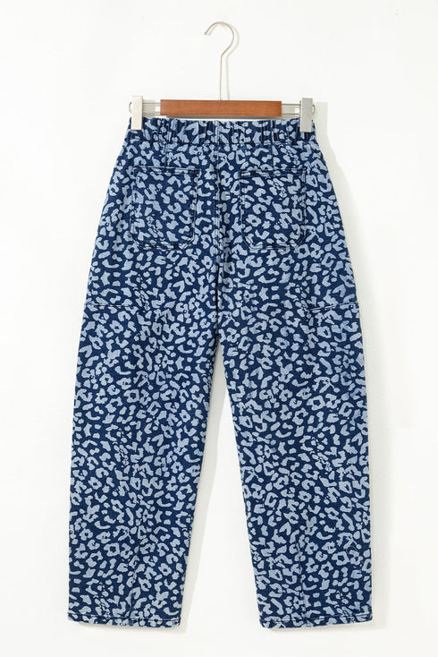 Leopard Print Drawstring Elastic Waist Wide Leg Jeans