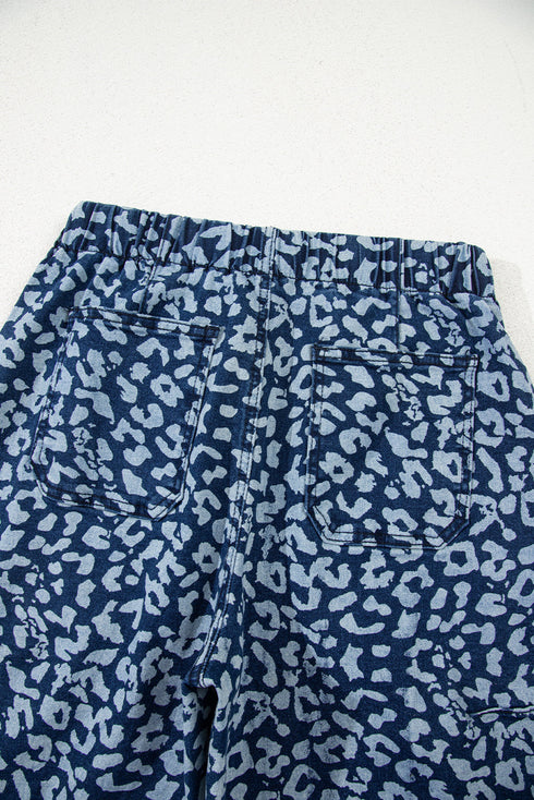 Leopard Print Drawstring Elastic Waist Wide Leg Jeans