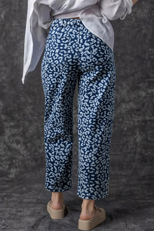 Leopard Print Drawstring Elastic Waist Wide Leg Jeans