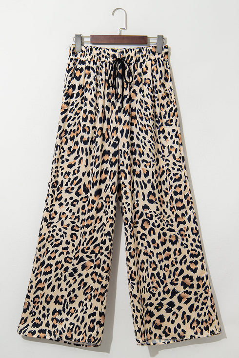 Leopard Print Drawstring Elastic Waist Wide Leg Pants
