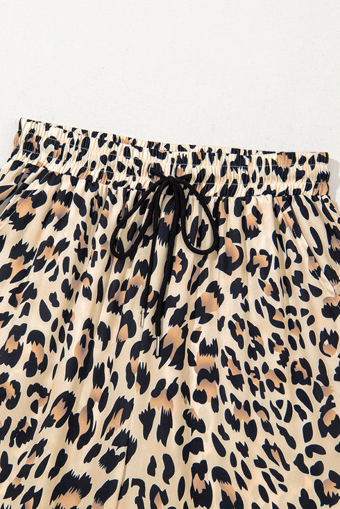 Leopard Print Drawstring Elastic Waist Wide Leg Pants