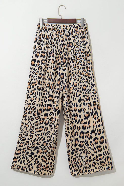 Leopard Print Drawstring Elastic Waist Wide Leg Pants