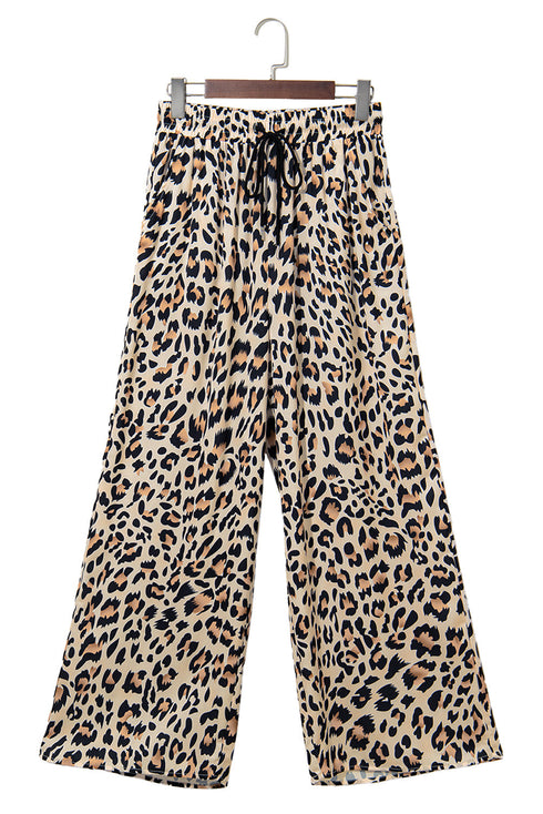 Leopard Print Drawstring Elastic Waist Wide Leg Pants