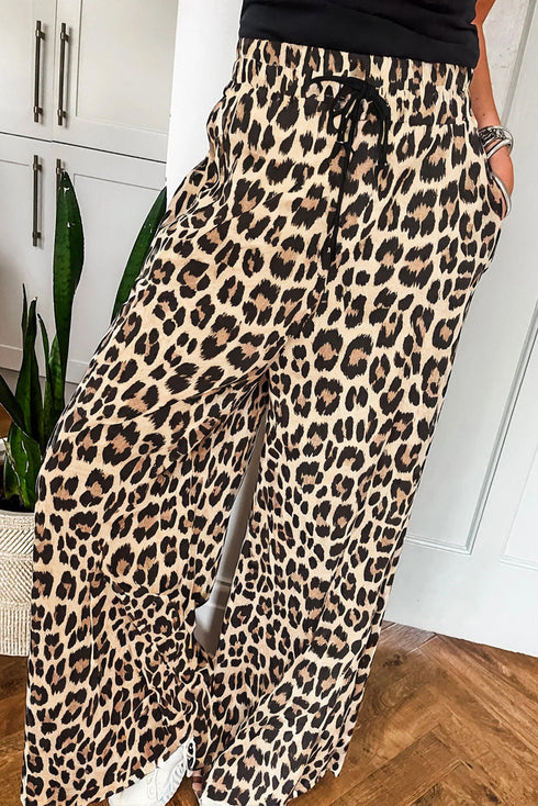 Leopard Print Drawstring Elastic Waist Wide Leg Pants