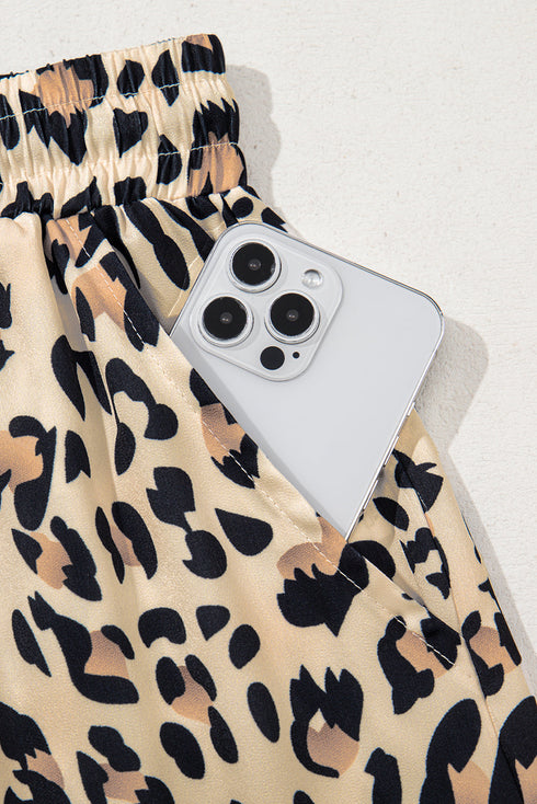 Leopard Print Drawstring Elastic Waist Wide Leg Pants