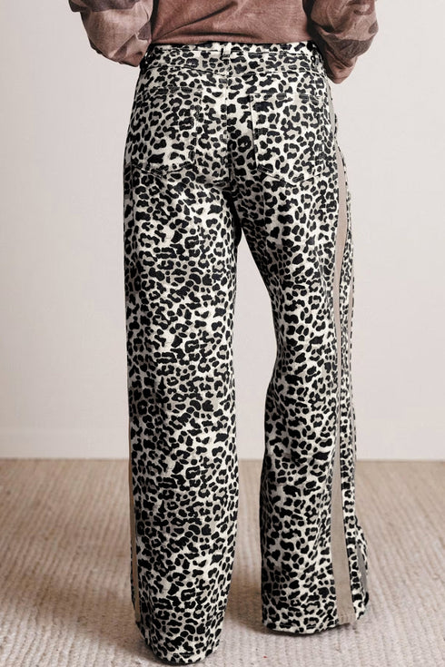 Leopard Print Drawstring Waist Straight Leg Jeans