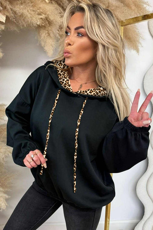Leopard Print Drop Shoulder Drawstring Hooded Top
