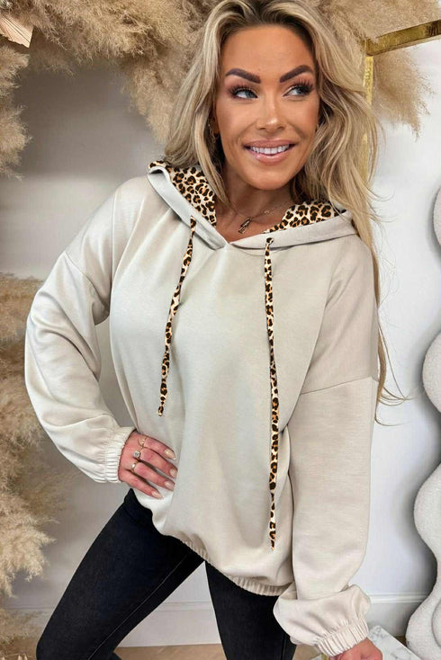 Leopard Print Drop Shoulder Drawstring Hooded Top