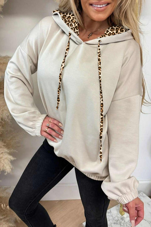 Leopard Print Drop Shoulder Drawstring Hooded Top