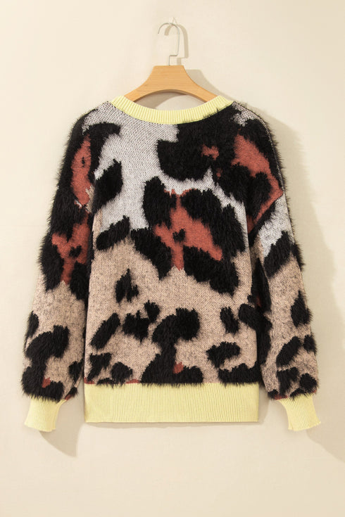 Leopard Print Drop Shoulder Long Sleeve Round Neck Sweater