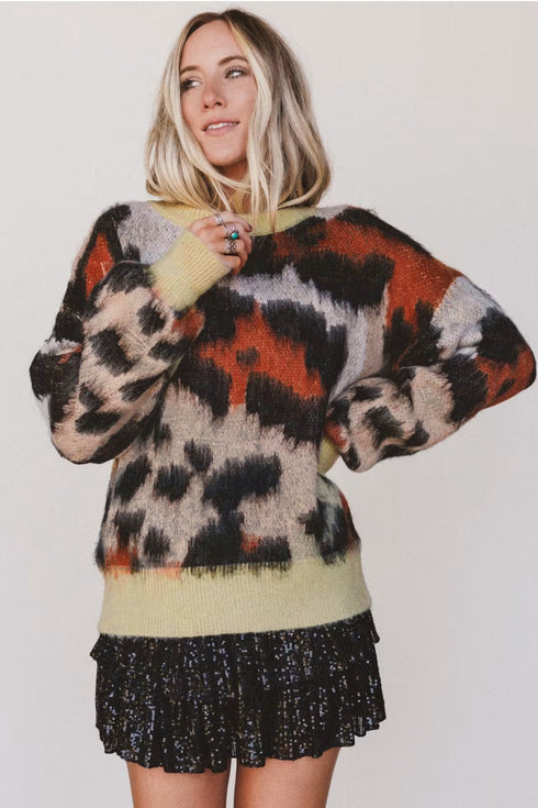 Leopard Print Drop Shoulder Long Sleeve Round Neck Sweater