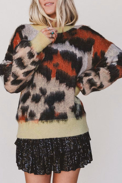 Leopard Print Drop Shoulder Long Sleeve Round Neck Sweater