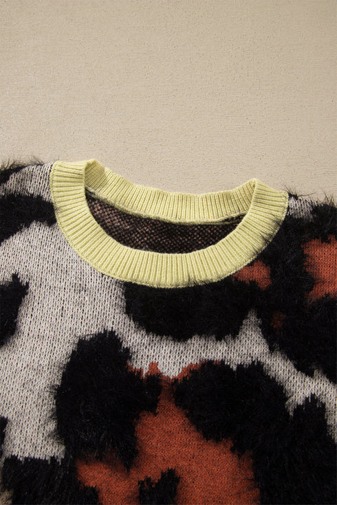Leopard Print Drop Shoulder Long Sleeve Round Neck Sweater