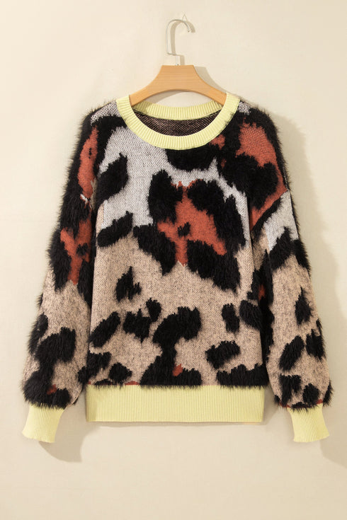 Leopard Print Drop Shoulder Long Sleeve Round Neck Sweater
