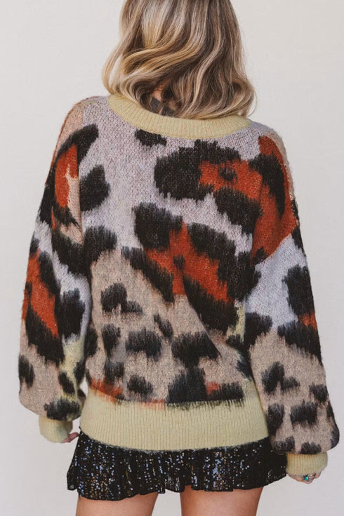 Leopard Print Drop Shoulder Long Sleeve Round Neck Sweater
