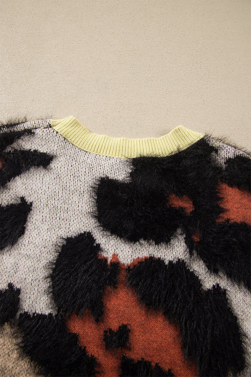 Leopard Print Drop Shoulder Long Sleeve Round Neck Sweater