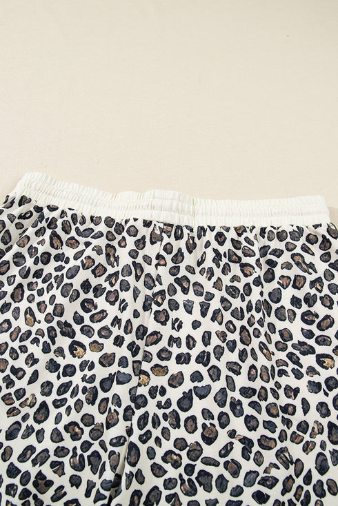 Leopard Print Drop Shoulder Pullover Elastic Waist Short Set